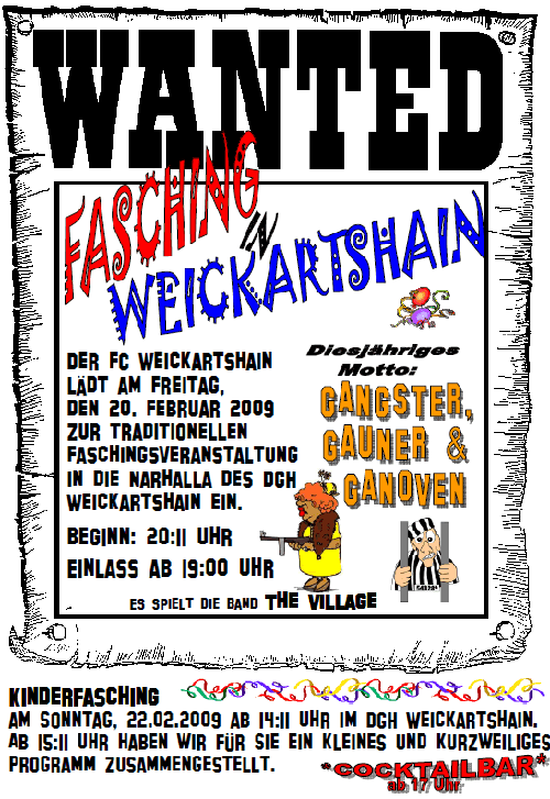 Fasching in Weickartshain - am 20. Februar ab 20.11 Uhr im Dorfgemeinschaftshaus - DiesjÃ¤hriges Motto: Gangster, Gauner und Ganoven